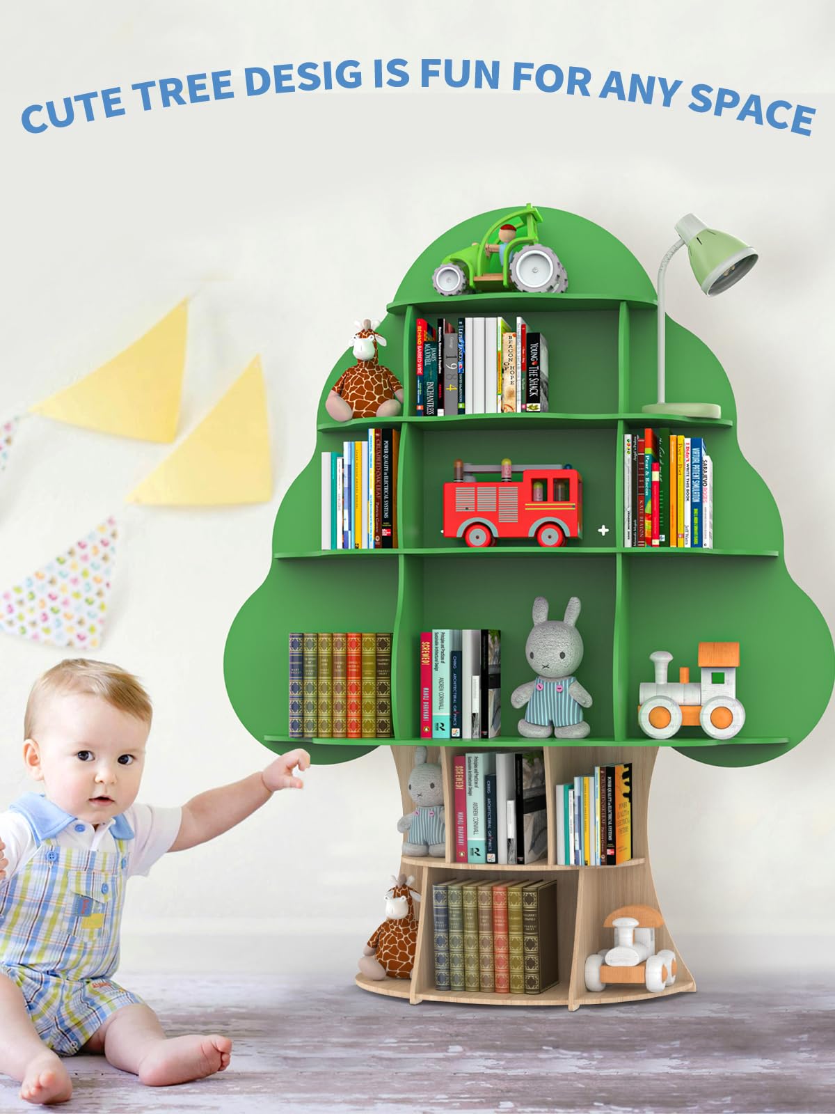 Tree Kids Bookshelf, Toddler Wood Bookcase, 16-Cubby Children Toy Storage Organizer Book Shelf for Kids Rooms, Nursery, Bedroom, Living Room, Classroom, Boy Girl’s Gift (Green Tree) Bear Qiaqia