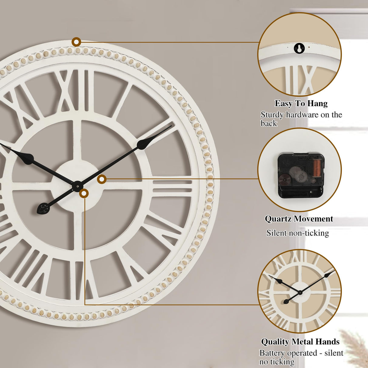 RiteSune 24 Inch Large Farmhouse Wall Clock, Rustic Wall Clock Decor, Wooden, Non-Ticking, Easy to Hang for Living Room, Bedroom, Kitchen RiteSune