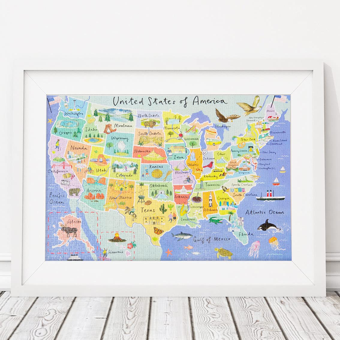 1000-piece USA Map Jigsaw Puzzle & Poster 50 States | Illustrated American Landmarks | Rainy Day, Fun at Home Activities, Travel Gifts, Birthday Present, Wall Art Talking Tables