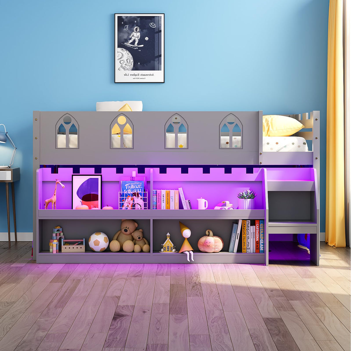 JOYMOR Low Loft Bed with LED Lights, Twin Loft Bed with Stairs, Safety Guardrail, Curtain, Wooden Bed Frame for Kids with Storage Bookcase and Under-Bed Play Space (Gray) JOYMOR