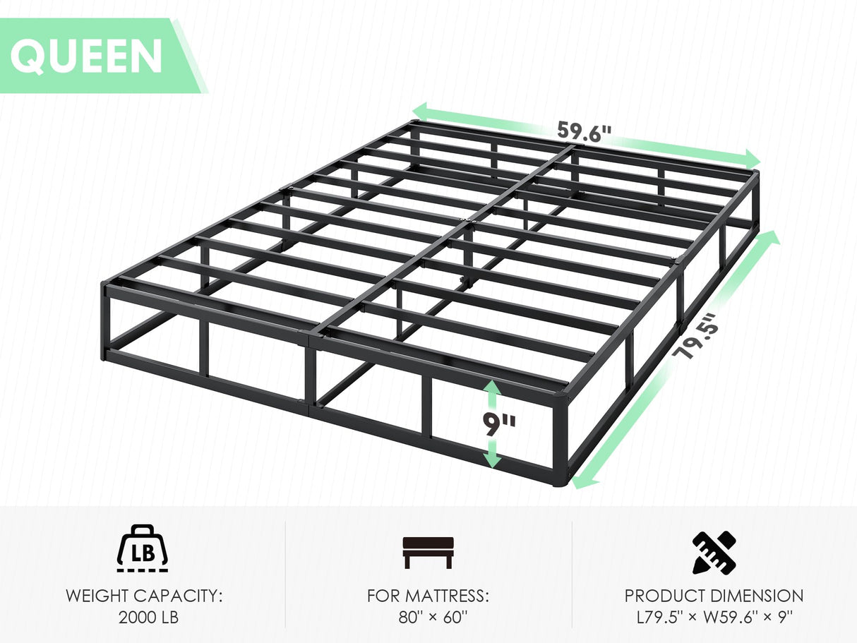 QEROMY 9 Inch High Profile Box Spring, Sturdy Metal Frame Mattress Foundation, Easy Assembly, Quiet & Noise-Free, Queen Size QEROMY
