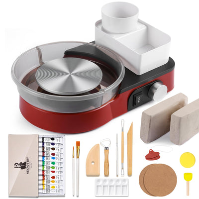 Pottery Wheel for Kids and Beginners - Complete Pottery Set with 6" Turntable with Two-Way Rotation, 2.2lb Clay, Art Supplies Sculpting Tools, Craft Gifts for Teens Kids Adults (Red)