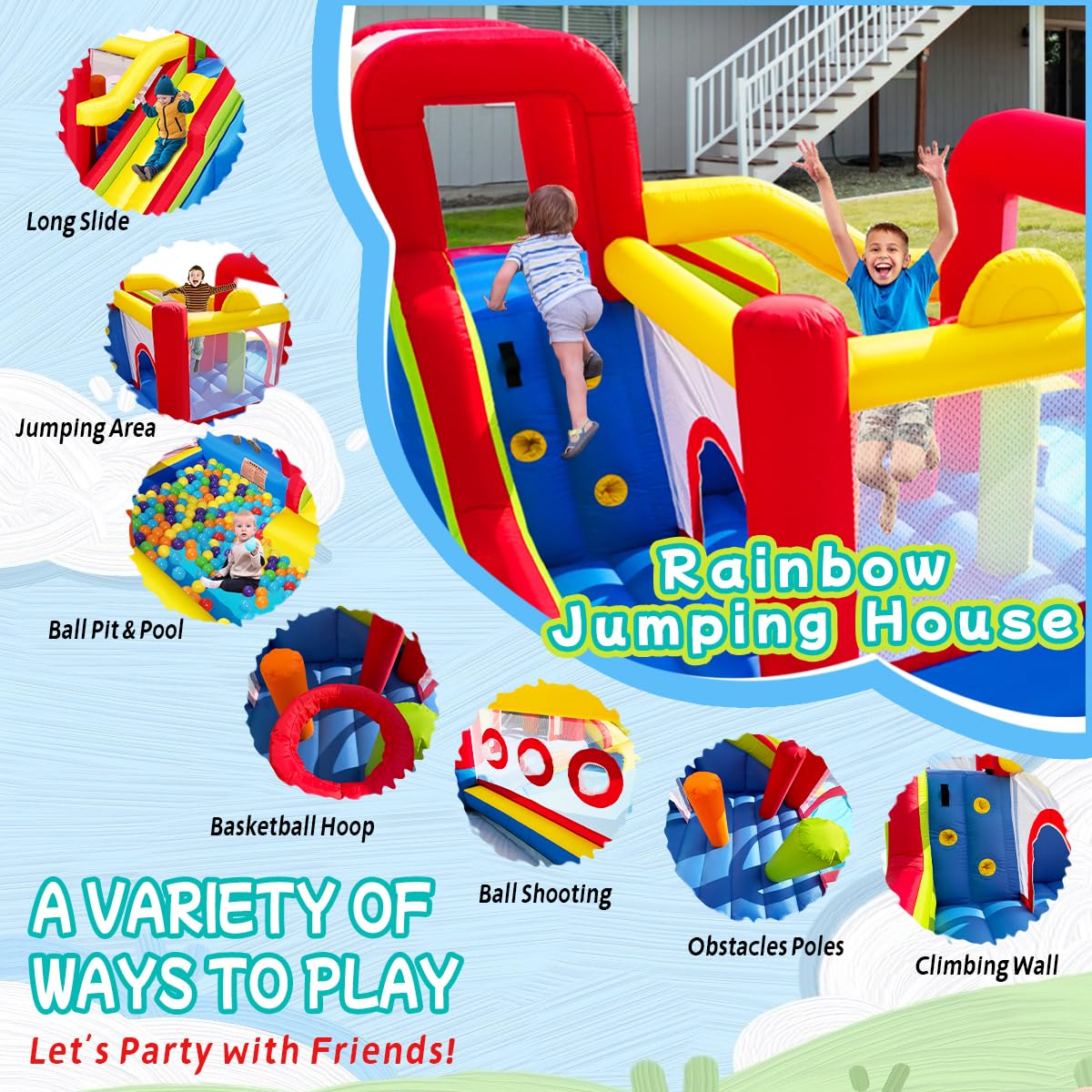 Hongcoral Bounce House, Inflatable Bounce Castle with Blower for Kids, Blow Up Jumping Bouncer with Slide, Climbing Wall, Obstacles, Trampoline, Ball Pit Pool for Indoor Outdoor Hongcoral