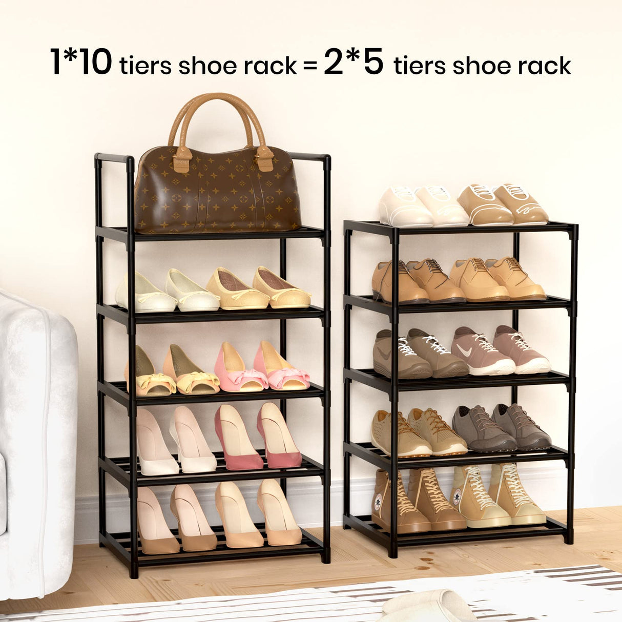 WEXCISE Narrow Shoe Rack 10 Tiers Tall Shoe Rack for Entryway 20 24 Pairs Shoe & Boots Organizer Storage Shelf Durable Black Metal Stackable Shoe Cabinet with Hooks, 17.1D x 11.8W x 78.7H in WEXCISE