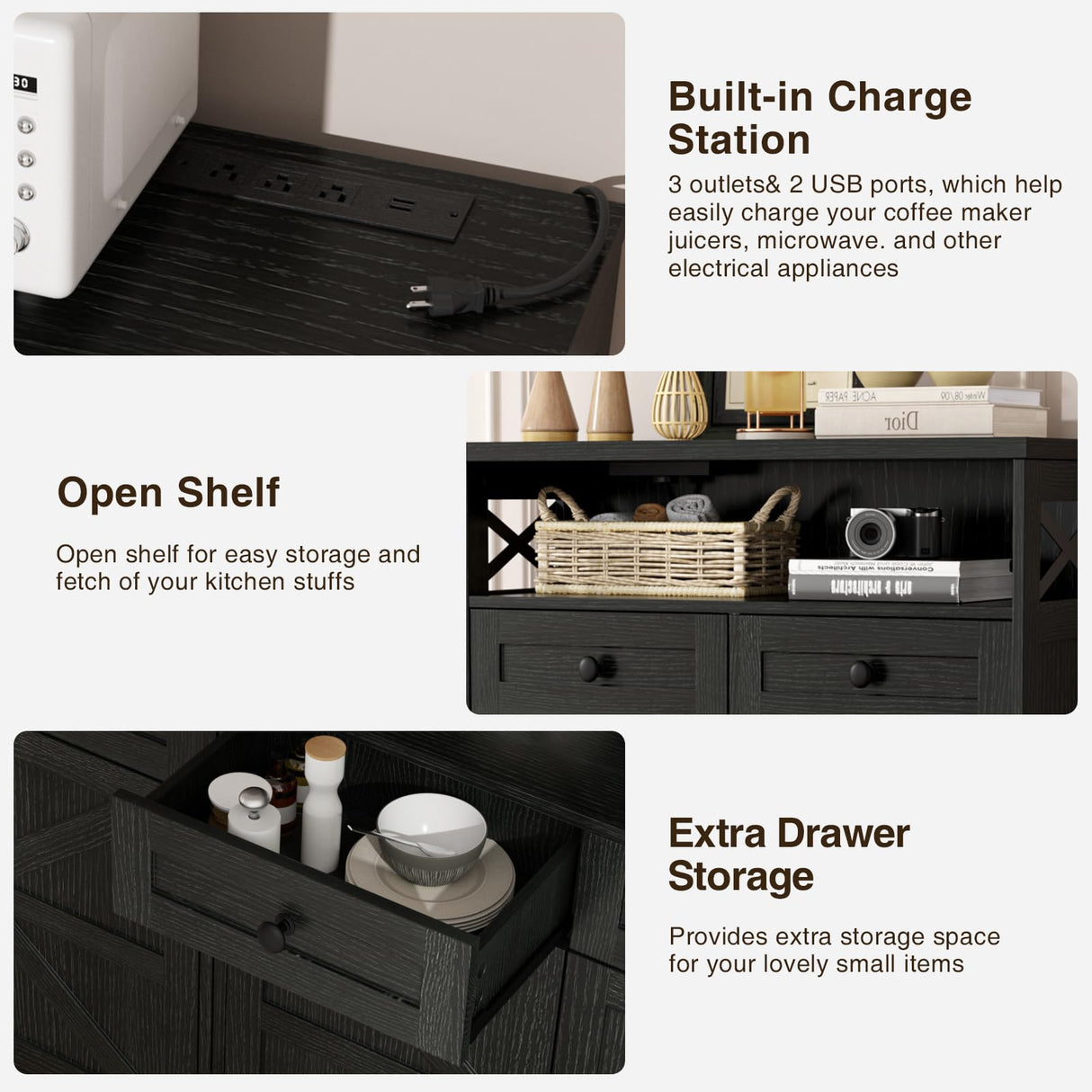 31.5" Black Storage Cabinet with Drawers & Shelf, Farmhouse Sideboard Buffet Cabinet with Storage, Kitchen Pantry Hutch Cabinet, Coffee Bar Cabinet Station Table for Kitchen, Livingroom, Dining Room FiveWillowise