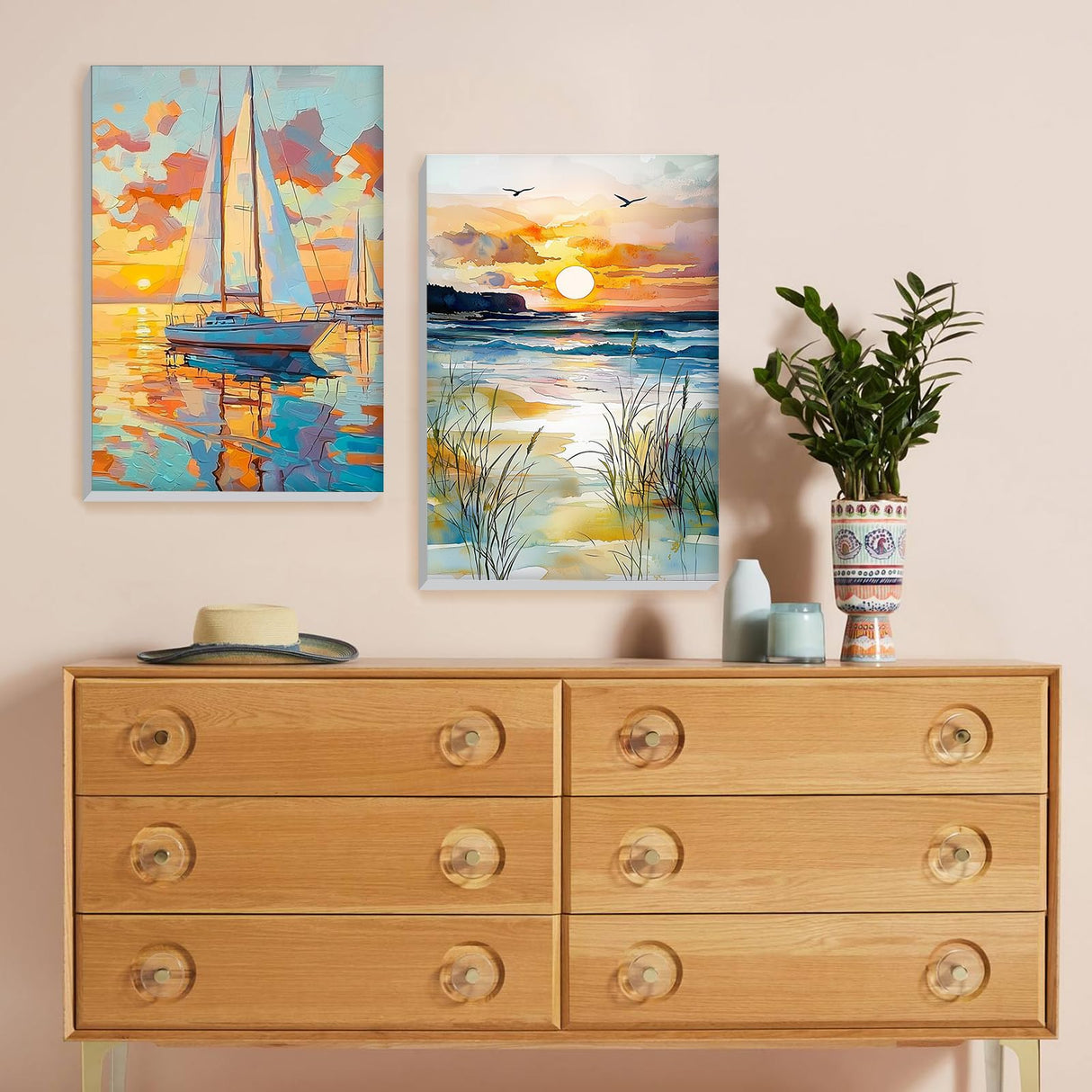 Bowetile 2 Pack Landscape Paint by Numbers for Adults Beginners Framed, Beach Adults' Paint-by-Number Kits, Easy Adult Paint by Number Kits on Canvas, Acrylic Number Painting for Home Decor, 8x12in Bowetile