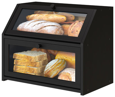 Vriccc Black Bread Box for Kitchen Counter, Large Bread Storage Container, Double Layer Bamboo Wooden Large Capacity Bread Storage Bin