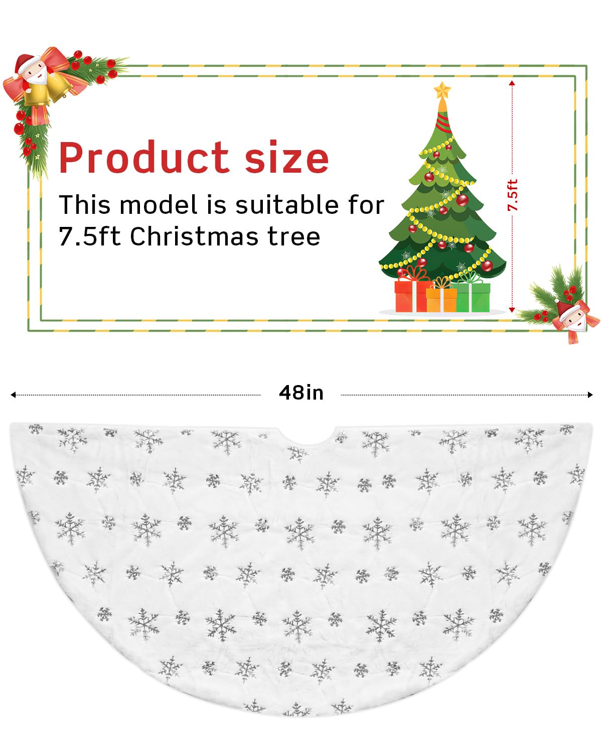 COOLWUFAN 48 Inches Christmas Tree Skirt for Xmas Tree Holiday Party Decorations White Plush Silver Sequin Snowflake (Silver) COOLWUFAN