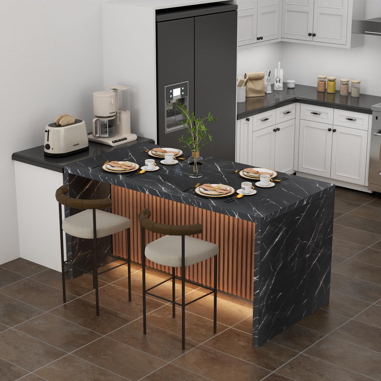 63" Large Imitation Marble Dining Table for 4-6 People, Island Table with LED Lights, Mordern Marble Stripes Kitchen Dining Table with Grille design for Dining Room, Home, Office, Living Room (Black) Gyfimoie