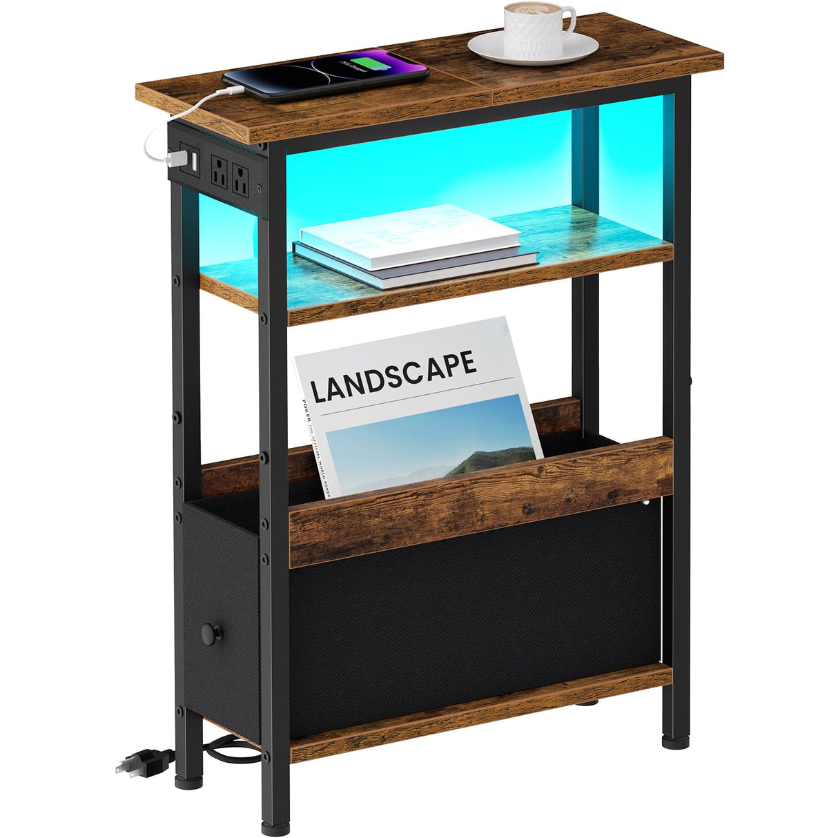 Creso hom Narrow Side Table with Charging Station and LED Light, End Table with 1 Fabric Drawer, Skinny Nightstand with USB Ports & Type-C, Slim Bedside Table for Bedroom, Living Room, Rustic Brown Creso hom