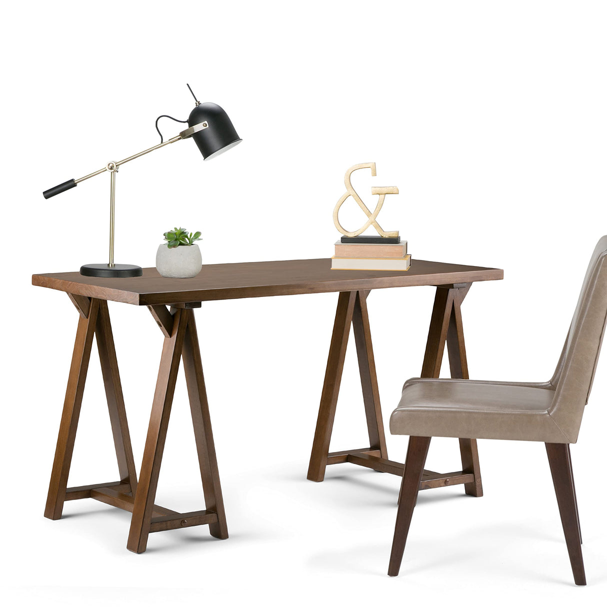 SIMPLIHOME Sawhorse SOLID WOOD Modern Industrial 56 inch Wide Home Office Desk, Writing Table, Workstation, Study Table Furniture in Medium Saddle Brown SIMPLIHOME