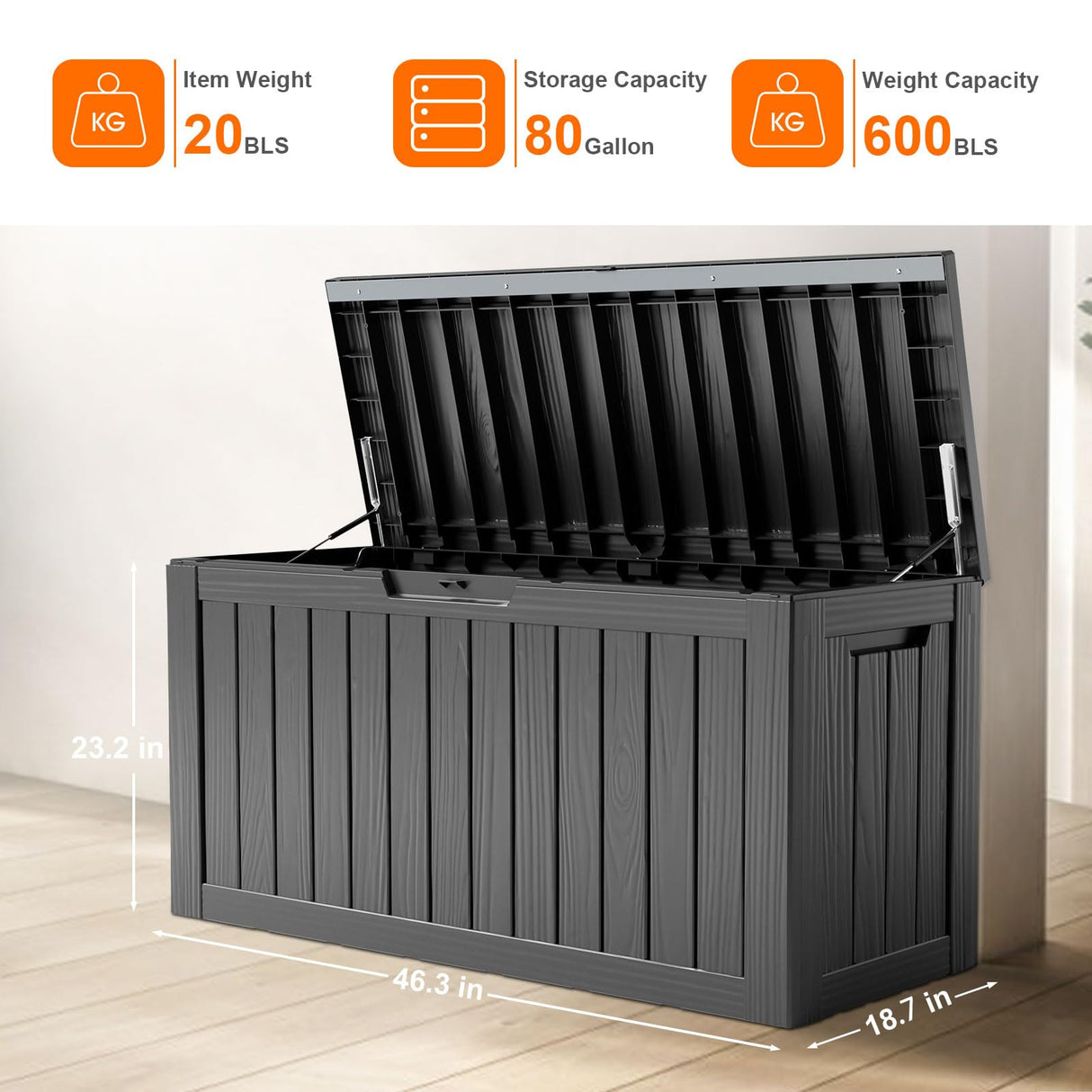 80 Gallon Resin Deck Box, Lockable Patio Outdoor Storage Box for Furniture, Garden Tools and Tools Storage, Waterproof Outside Storage Box - Black PatioZen