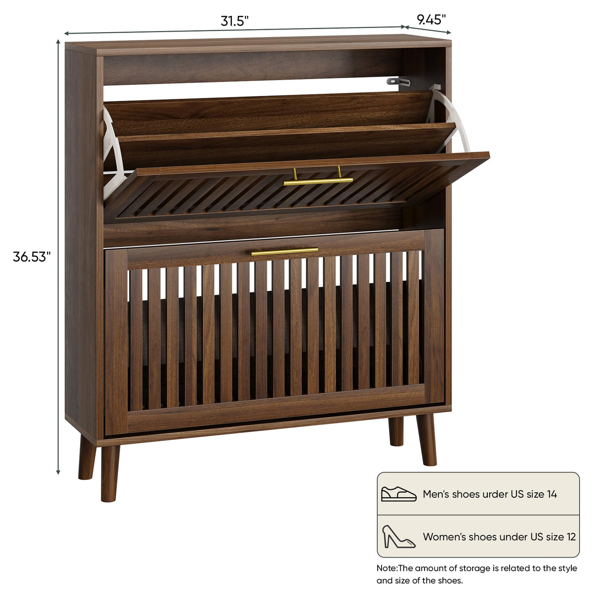 Smart FENDEE Shoe Cabinet with 2 Flip Louvered Drawers, Wooden Shoe Storage Cabinet with Gold Handle, Mid-Century Modern Freestanding Shoe Organizer Cabinet for Entryway, Hallway, Walnut, 31.5" W Smart FENDEE