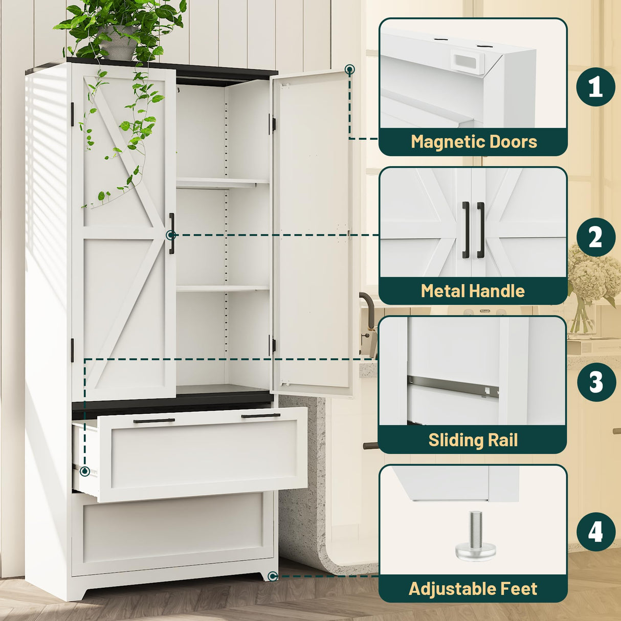 71" Tall Farmhouse Kitchen Pantry Cabinet with Barn Doors and 2 Drawers,Kitchen Storage Cabinets with Adjustable Shelves,Storage Cabinet with Doors and Shelves for Dining Room,Living Room,Bathroom Kelueo