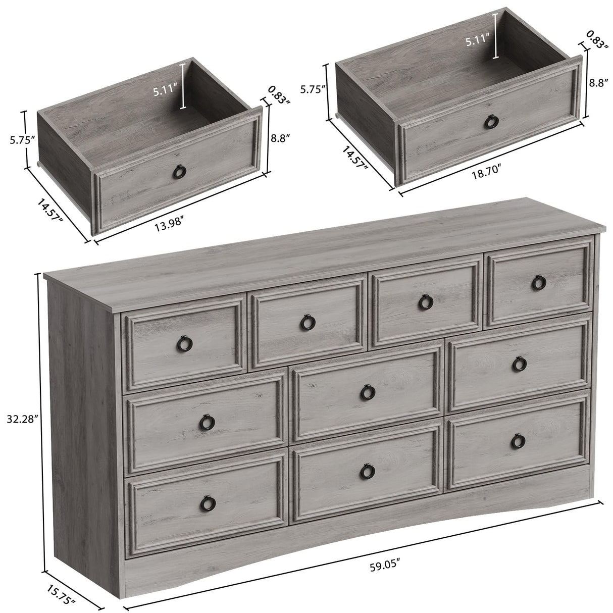Modern 10 Drawer Dresser, Dressers for Bedroom, Chest of Drawers Closet Organizers and Storage Clothes - Easy Pulls Handle, Textured Borders Living Room, Hallway, Gray LGHM