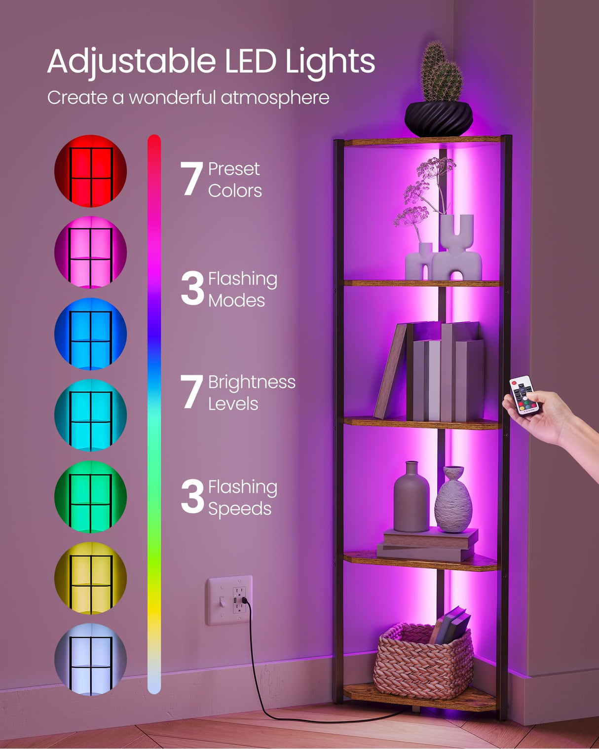 VASAGLE Corner Shelf Stand with LED Lights, 5-Tier Corner Bookshelf, Storage Shelf with Steel Frame, 9.8 x 18.9 x 57.7 Inches, for Living Room, Bedroom, Study, Rustic Brown ULBC590K01 VASAGLE