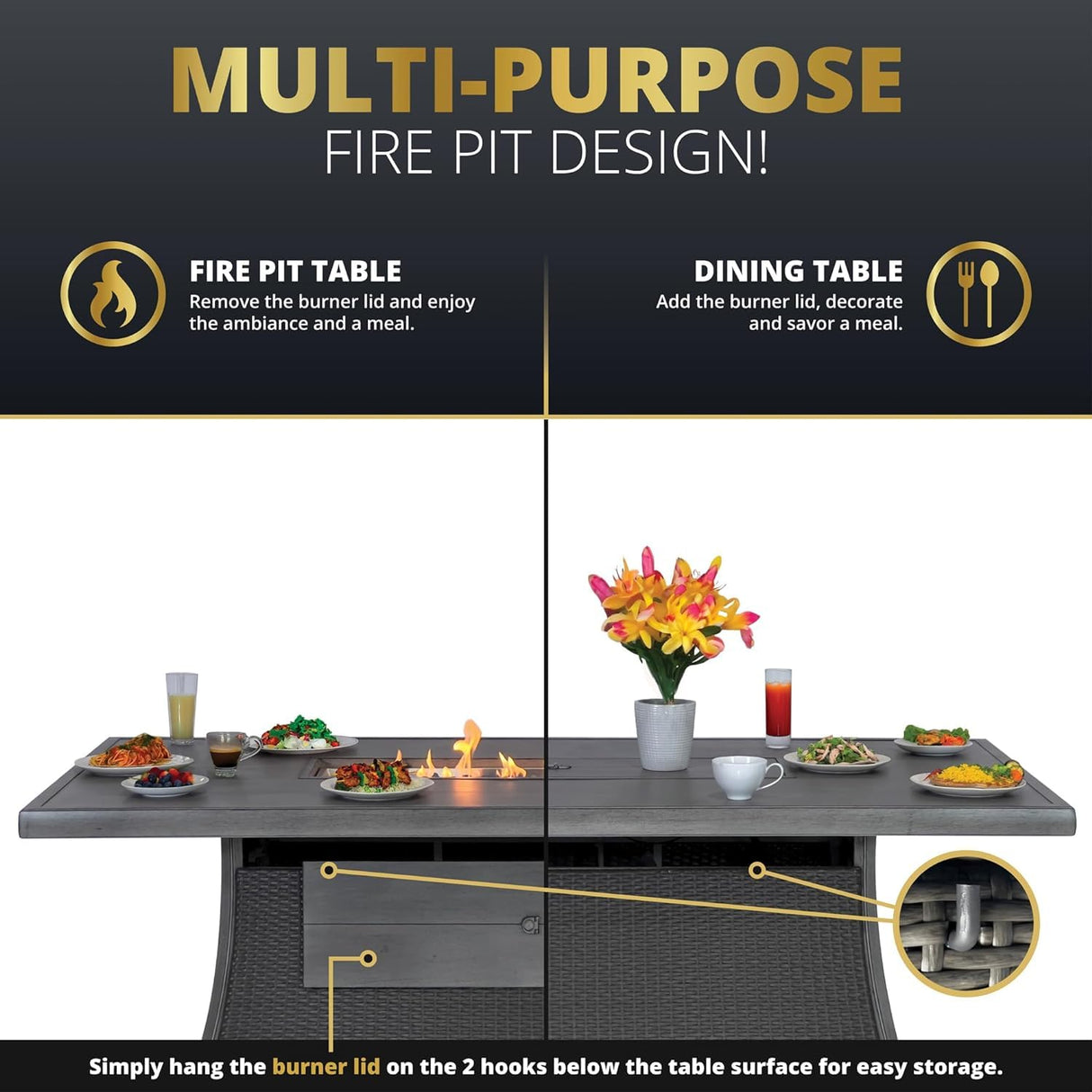 New Upgrade 7-Piece Rattan Patio Furniture Set, 76" Propane Fire Pit Table 50,000 BTU, 4 Dining & 2 Swivel Chairs Included, Cushion, CSA Certified, for Garden Backyard Outdoor Dining and Conversations Lokingrise