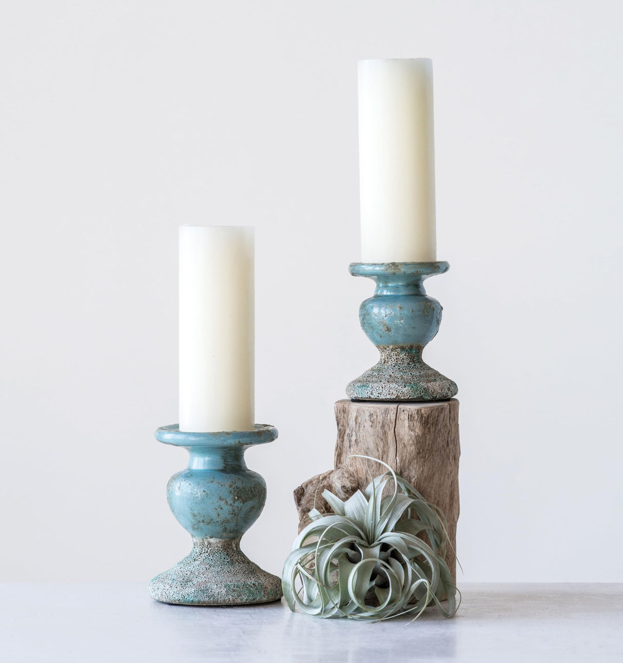 Creative Co-Op Large Distressed Blue Terracotta Pillar Candle Holder Creative Co-Op
