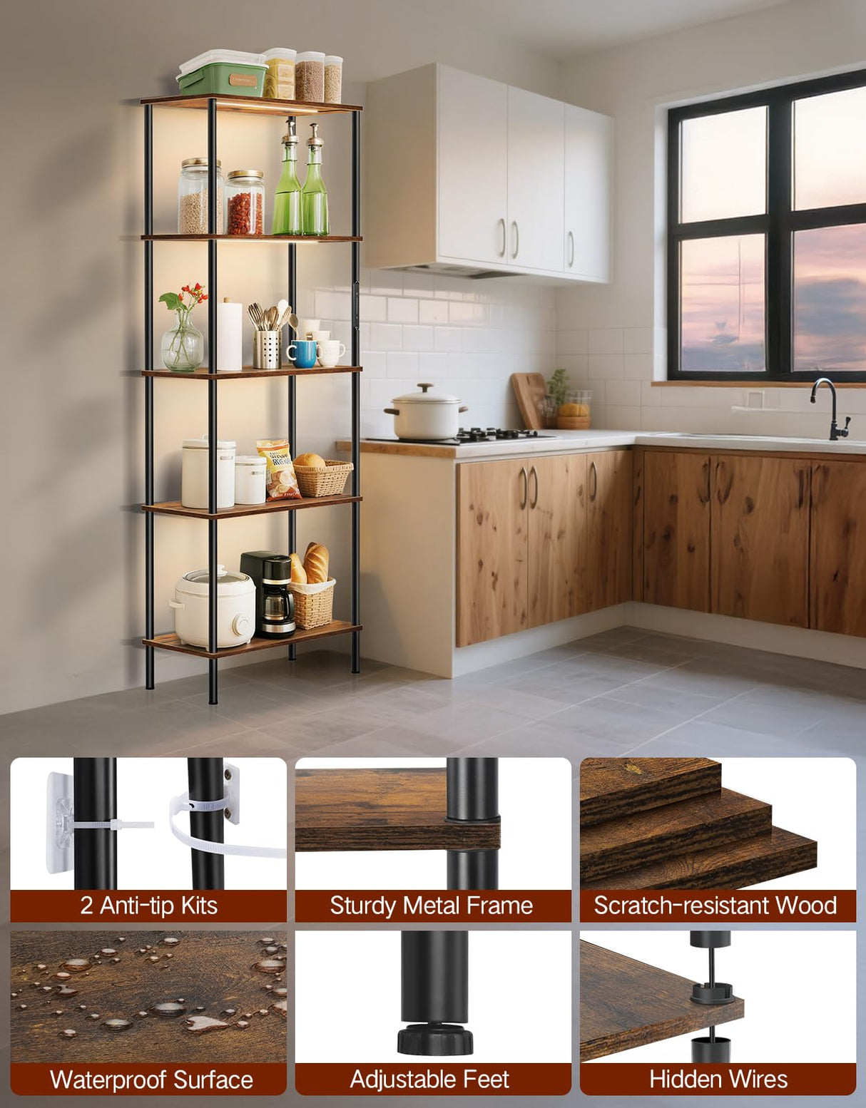 OUTONLIFE 5 Tier Bookshelf with LED Light, Dimmable Bookcase with Touch & Remote Control, 3 Color Temperatures, Tall Modern Display Standing Shelf for Living Room, Bedroom, Home Office (Rustic Brown) OUTONLIFE