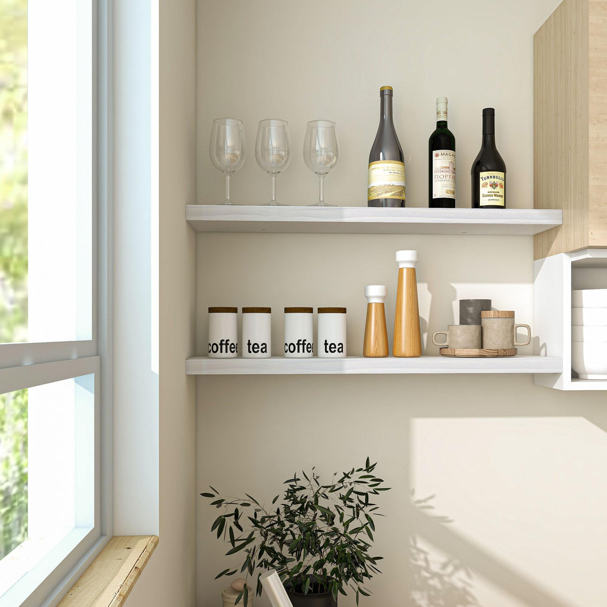 Floating Shelves 36 Inches Long - 8 Inch Deep Rustic Premium Solid Pine Wood for Storage - Farmhouse Wall Mounted for Living Room - Heavy-Duty Metal Bracket - 36" W x 8" D - Set of 2 - White Color Fun Memories