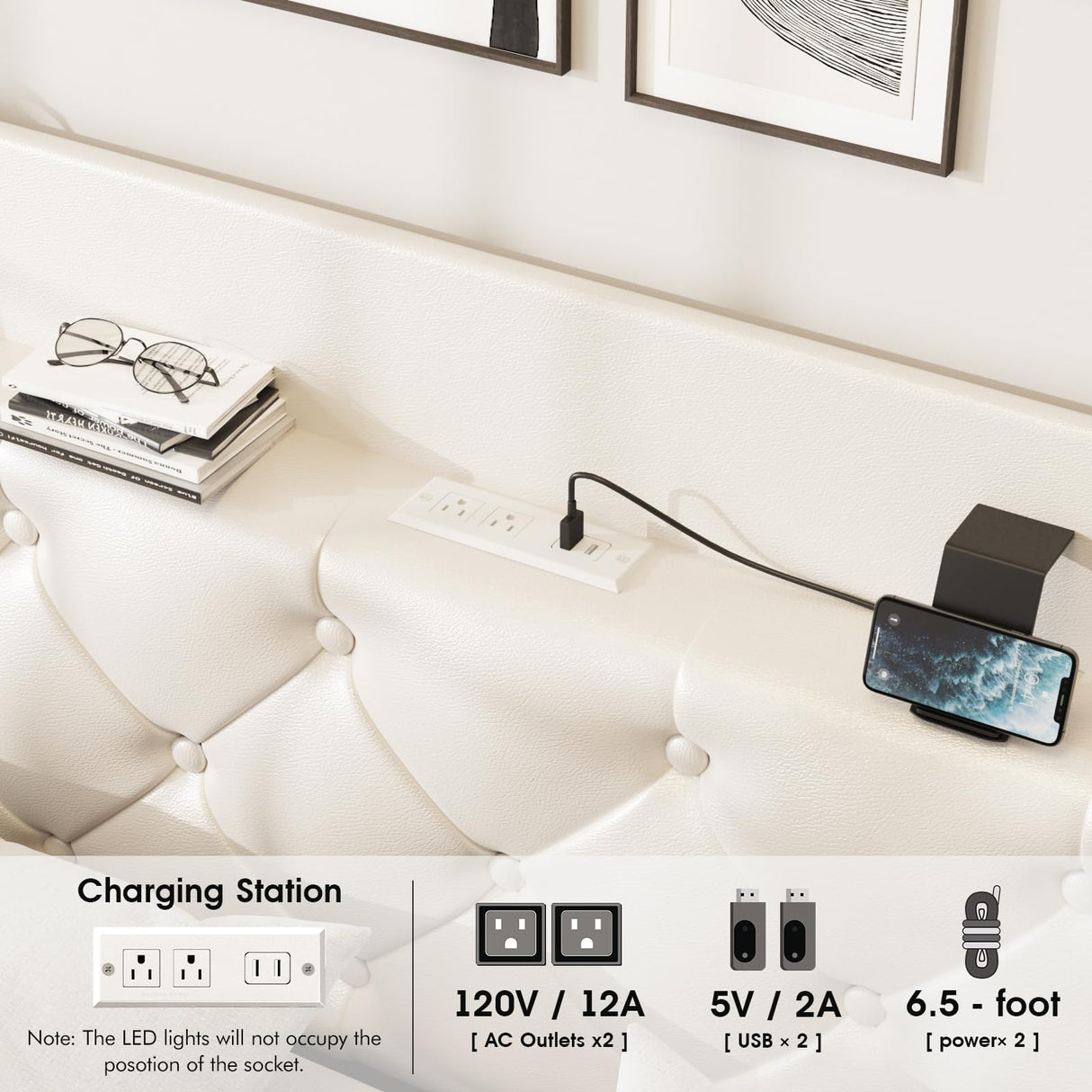 Halitaa White King Size Floating Bed Frame with LED Lights and Charging Station Halitaa