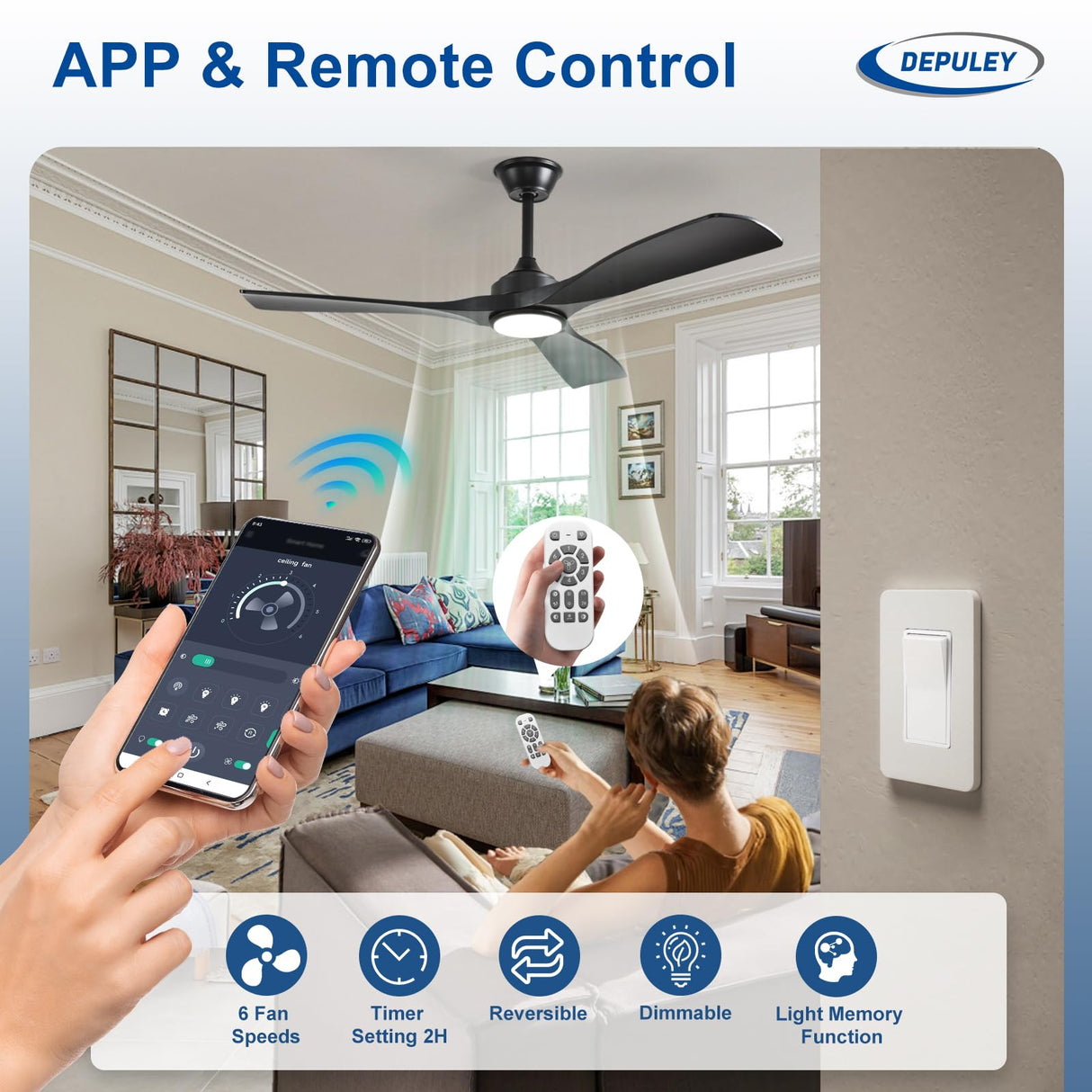 Depuley 52-Inch Ceiling Fan with Light: Black 3 Blade Outdoor Fans for Patios - Dimmable Indoor Fan with Remote APP Control Ultra Quiet DC Motor Reversible 6 Speed Timer Depuley