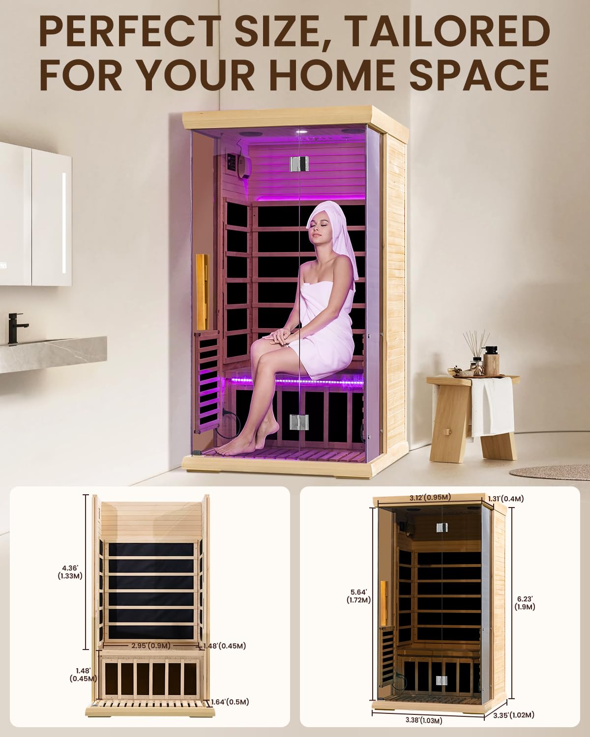 SpaZeit 1 Person Luxurious Far Infrared Sauna for Home Spa, 1700W Low EMF Wooden Dry Sauna Room with Bluetooth Speakers, LCD Control Panel, Tempered Glass Door, 74.76"x40.2"x40.56" SpaZeit