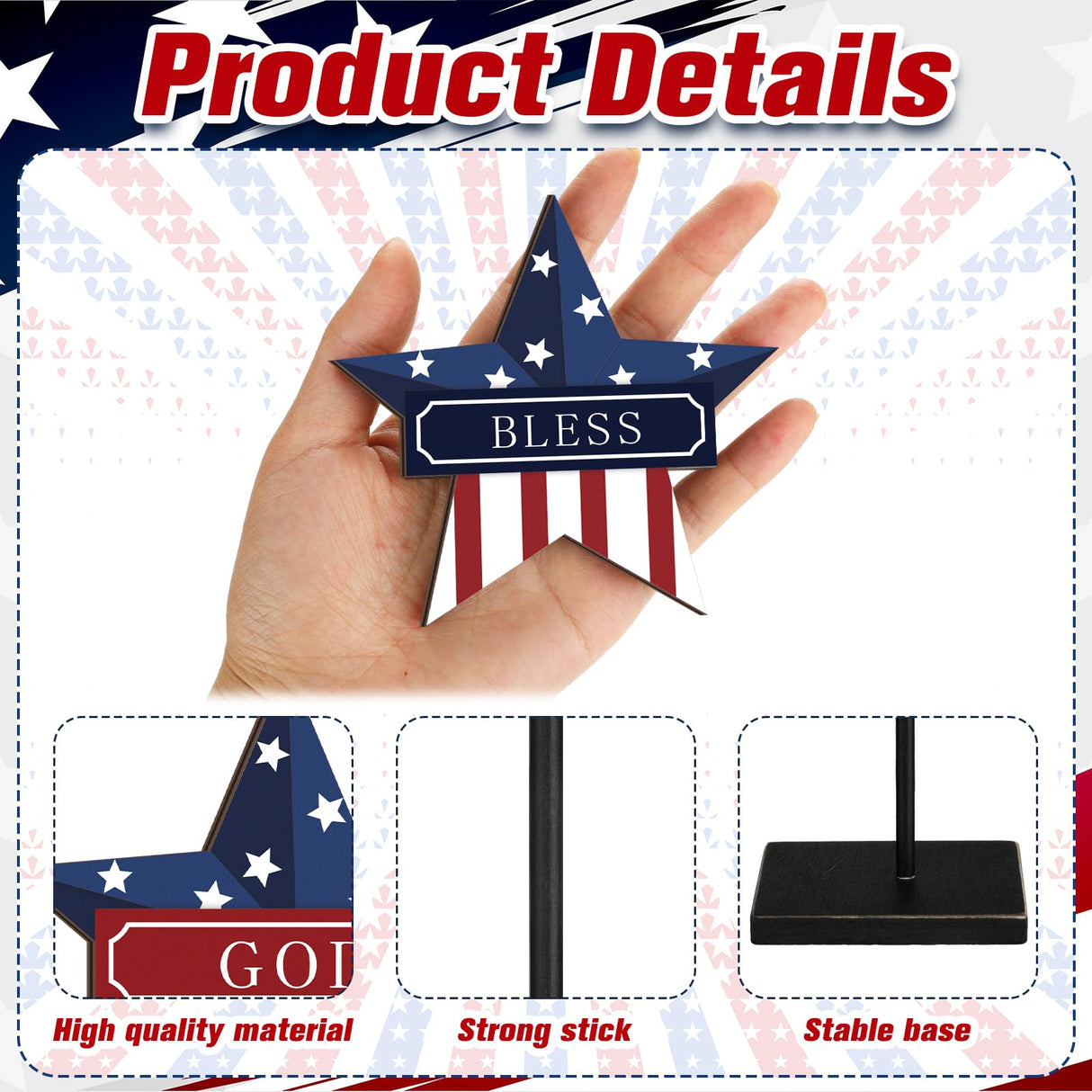 DoubleFill 3 Pieces Patriotic Decorations Memorial Day Wooden Star Tabletop Decor 4th of July Red White and Blue Star Sign for Independence Day Tiered Tray Table Home Decor DoubleFill