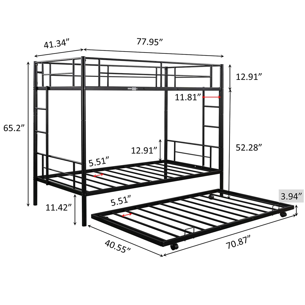 GNIXUU Metal Bunk Bed with Trundle Twin Over Twin Modern Bunk Beds with Slats Heavy Duty Bunkbed Frame for Adults,Teens,Boys and Girls. (Black) GNIXUU