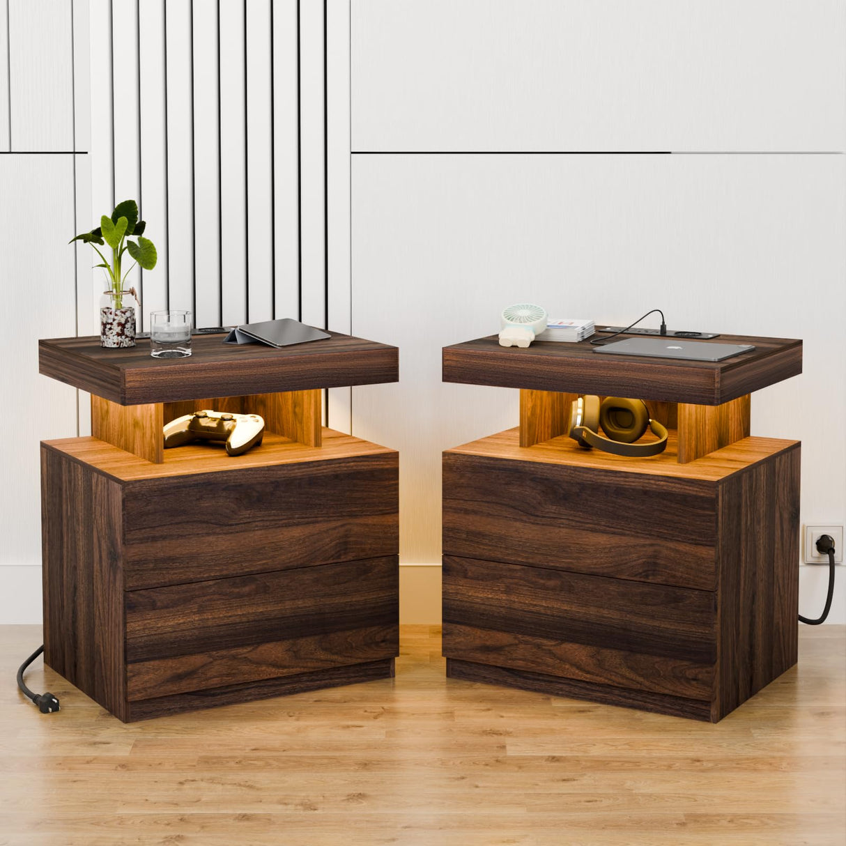 HOMMPA Set of 2 LED Nightstand with Wireless Charging Station Dark Walnut Mid Century Wood Bedside Table with Led Light Smart Nightstand USB Port Night Table with 2 Drawers LED Night Stand for Bedroom HOMMPA