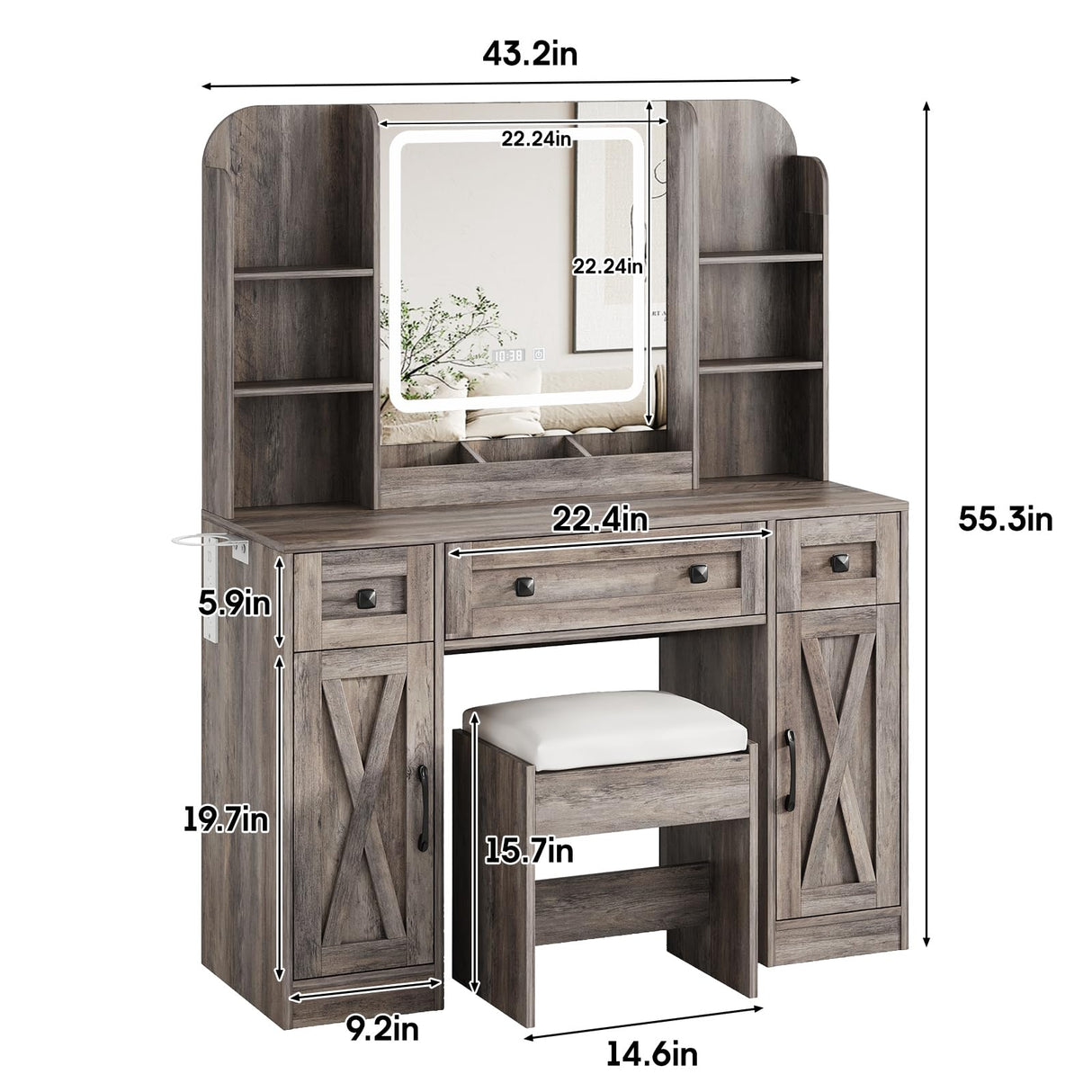 Vabches Makeup Vanity Desk, Vanity Mirror with Lights Desk and Chair,Makeup Table with 3 Large Drawers and 2 Cabinets, Time and Temperature Display, 3 LED Lighting Modes Adjustable, Grey Vabches