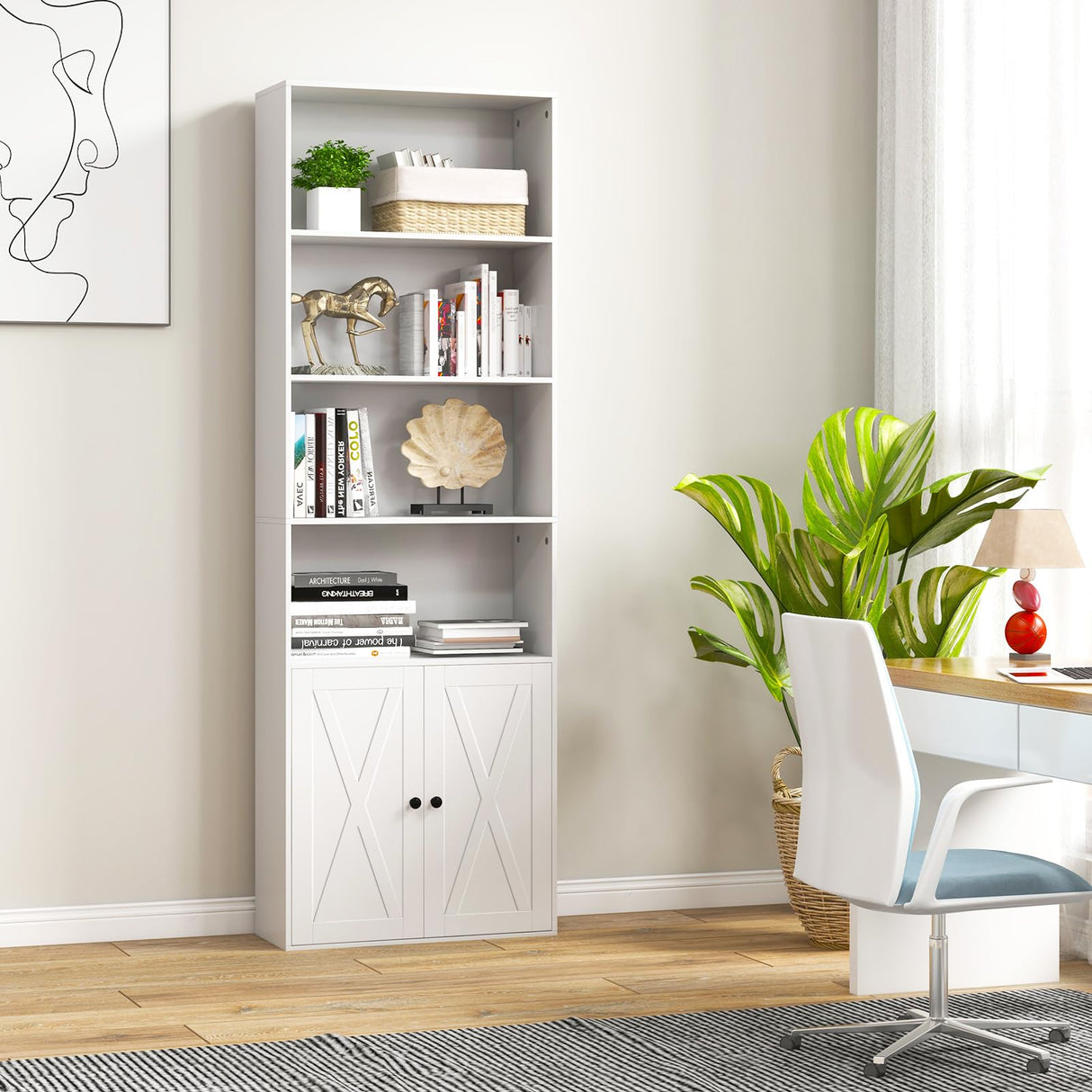 Tangkula Tall Bookcase with Doors, Farmhouse 71" H Freestanding Bookshelf with 6 Shelves & 2-Door Cabinet, Display Shelf with Adjustable Shelf for Living Room Study (White, 71") Tangkula