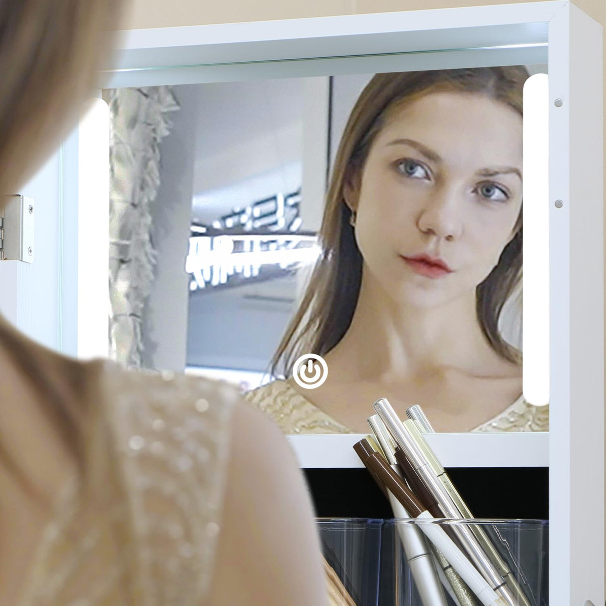 Jewelry Cabinet Standing Mirror with Drawers Wheels Full Length Mirror Jewelry Storage with Touch Screen Vanity Mirror Rotatable Jewelry Armoire Organizer with Lock White Christmas Gift for Women MASMIRE