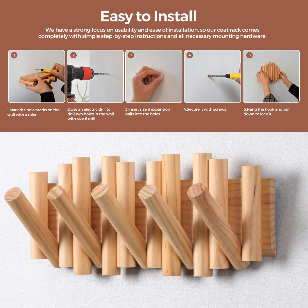 BIRTIMO Wall Mounted Coat Rack with 5 Retractable Wooden Pegs – Modern Design, Space-Saving Storage Organizer in Natural Wood BIRTIMO