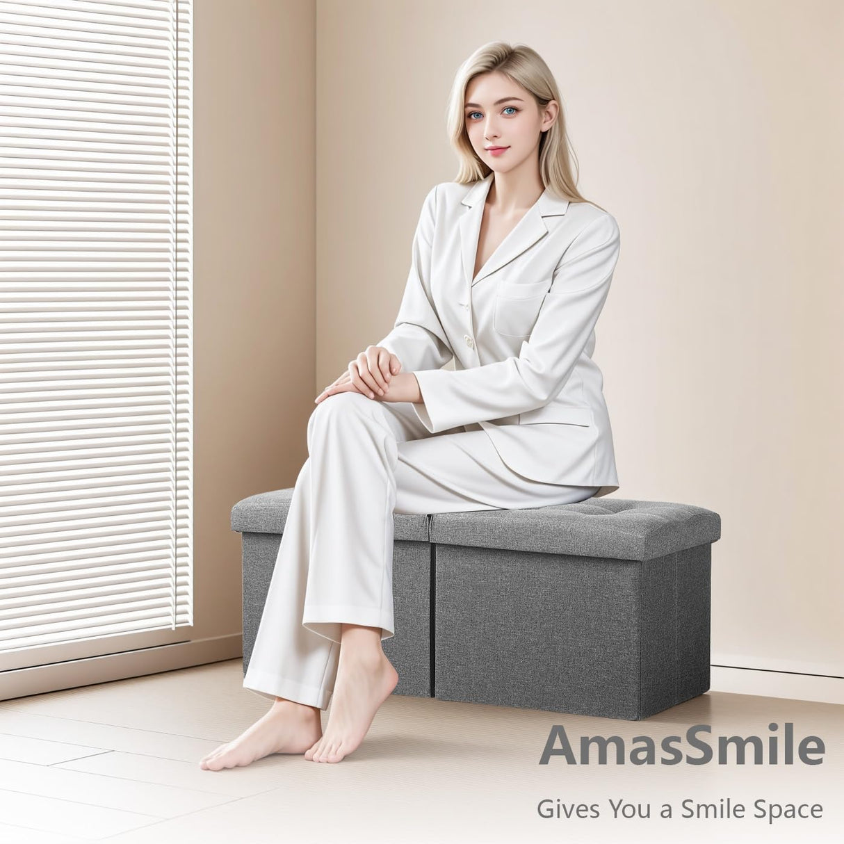 AmasSmile Storage Bench Folding Storage Ottoman Foot Rest Stool, 34 inch Grey Linen Footstool Bench, Short Ottoman Bench, Storage Foot Rest Store as Books, and Blanket Storage or Others AmasSmile