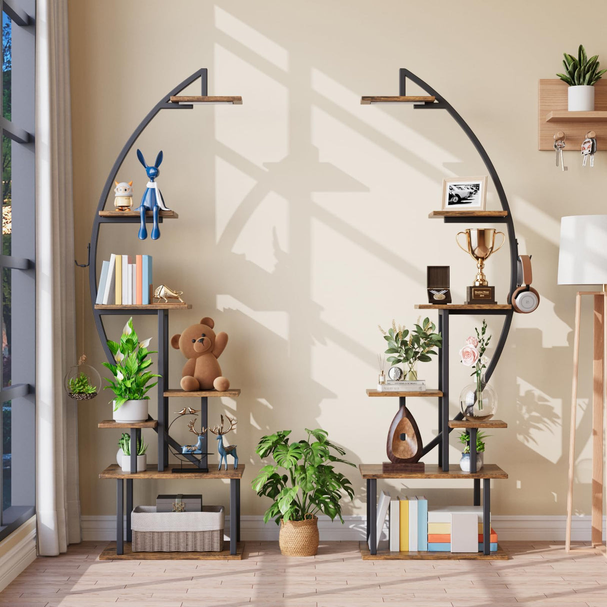 BECOKOME Tall Bookshelf with Lights, 2 Pack Ladder Bookcase, 7 Tier Arched Home Office Storage Book Collectibles Shelves, 64" Modern Corner Display Shelf for Bedroom Living Room Balcony, Rustic Brown BECOKOME