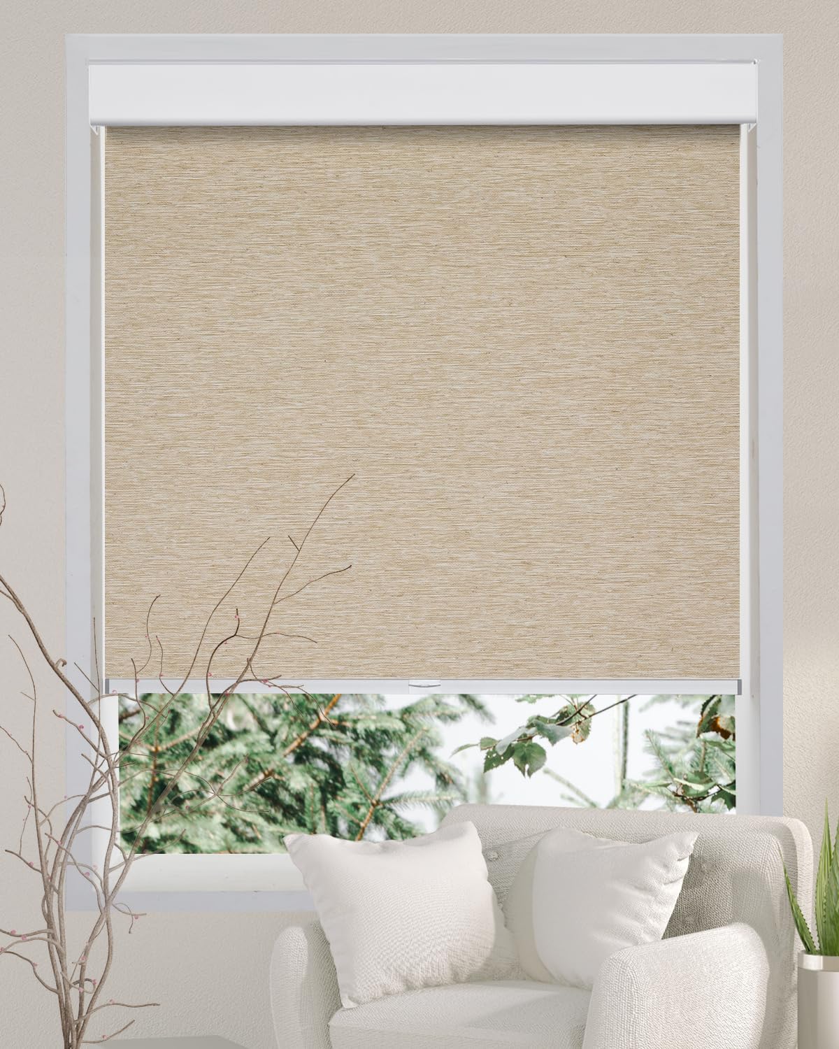 Persilux Free-Stop Cordless 100% Blackout Roller Shades for Windows, Natural Woven Fabric UV Protection Privacy Thermal Insulated Window Blinds for Indoor Windows, Home, Bedroom, Khaki 34" W x 64" H Persilux