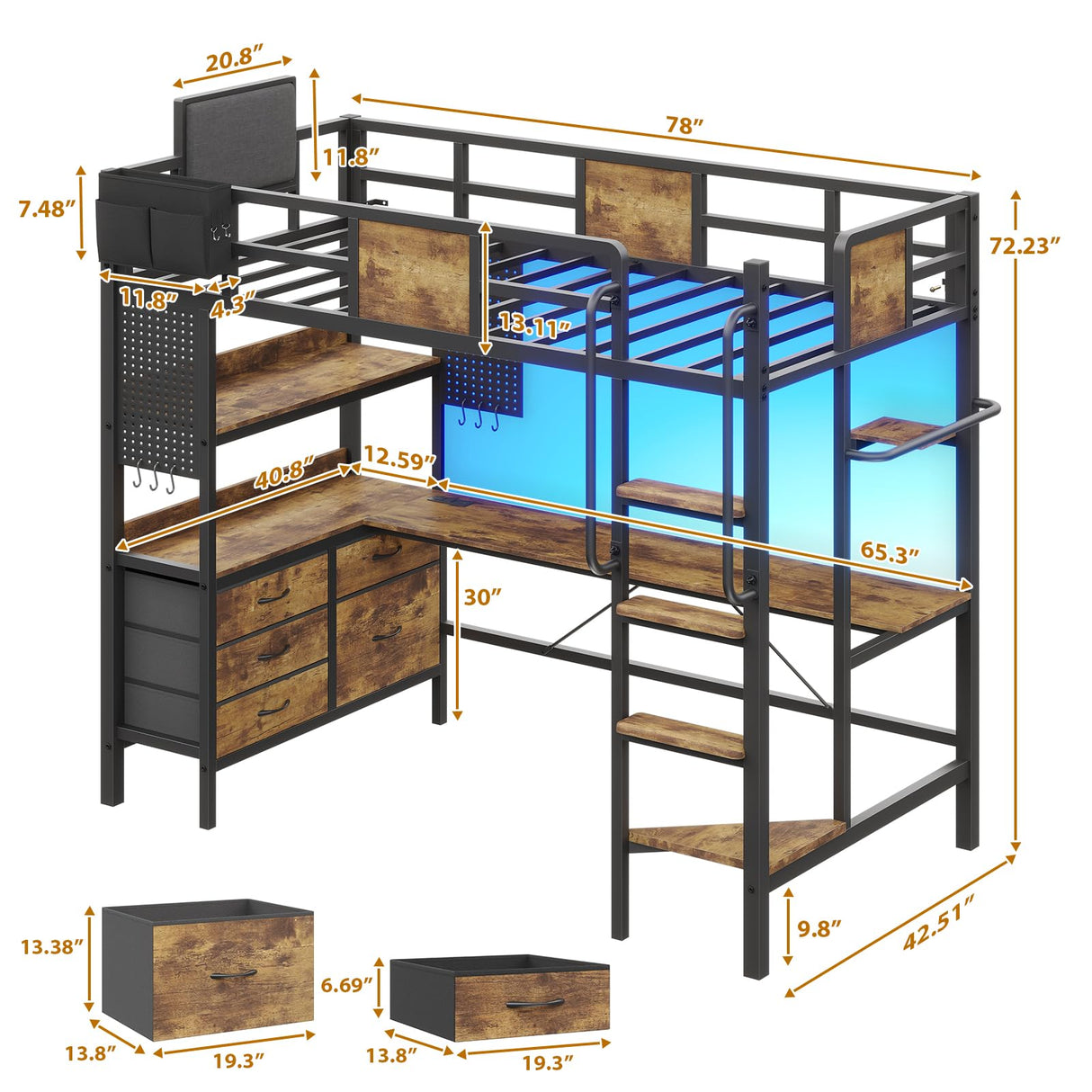 Loft Bed Twin Size with L-Shaped Desk,Metal Bunk Bed Frame with 5 Storage Drawers, LED Lights & Charging Station,Twin Loft Bed with Removable Ladder, Safety Guardrail,No Box Spring Needed,Rustic Brown Dnxao