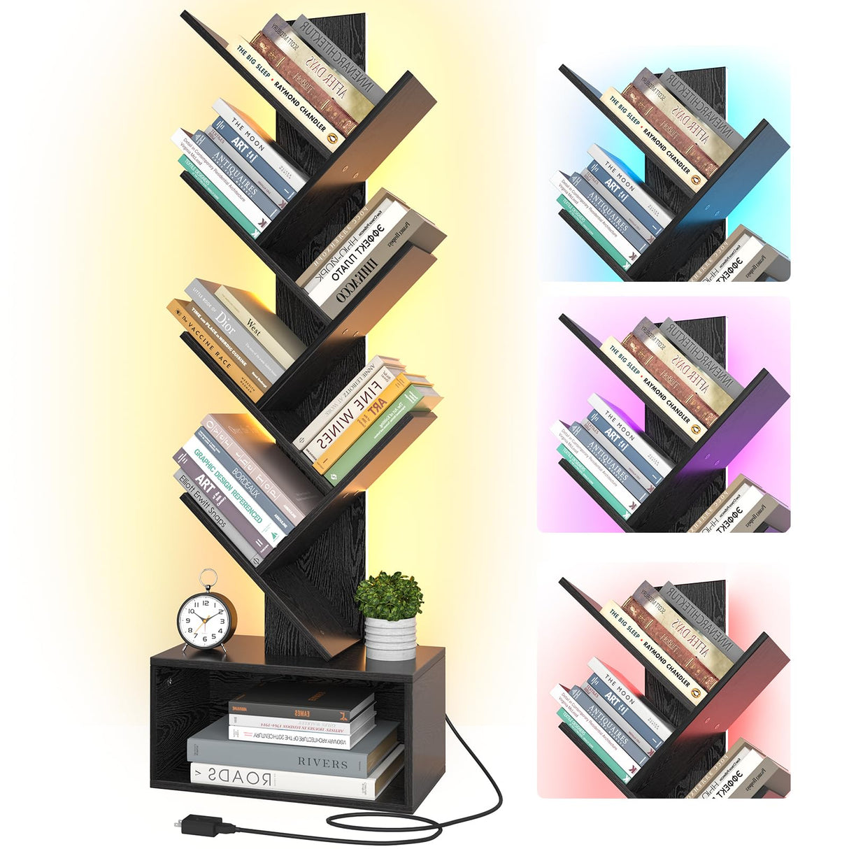 Yoobure Tree Bookshelf with LED Light, 6 Tier Book Shelf, Small Bookcase Narrow Bookshelves with Storage, Wood Book Case Organizer for CDs/Books, Floor-Standing Rack for Bedroom, Office, Black Yoobure