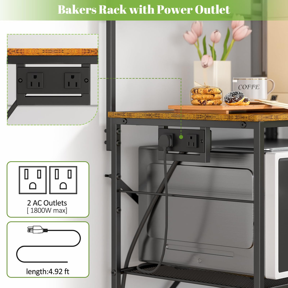 DAOUTIME Kitchen Bakers Rack with Power Outlet, 4-Tier Coffee Bar Station with 6 S Hooks, Microwave Stand for Kitchen, Living Room, Farmhouse, 23.62" W x 15.74" D x 57.13" H, Rustic Brown DAOUTIME