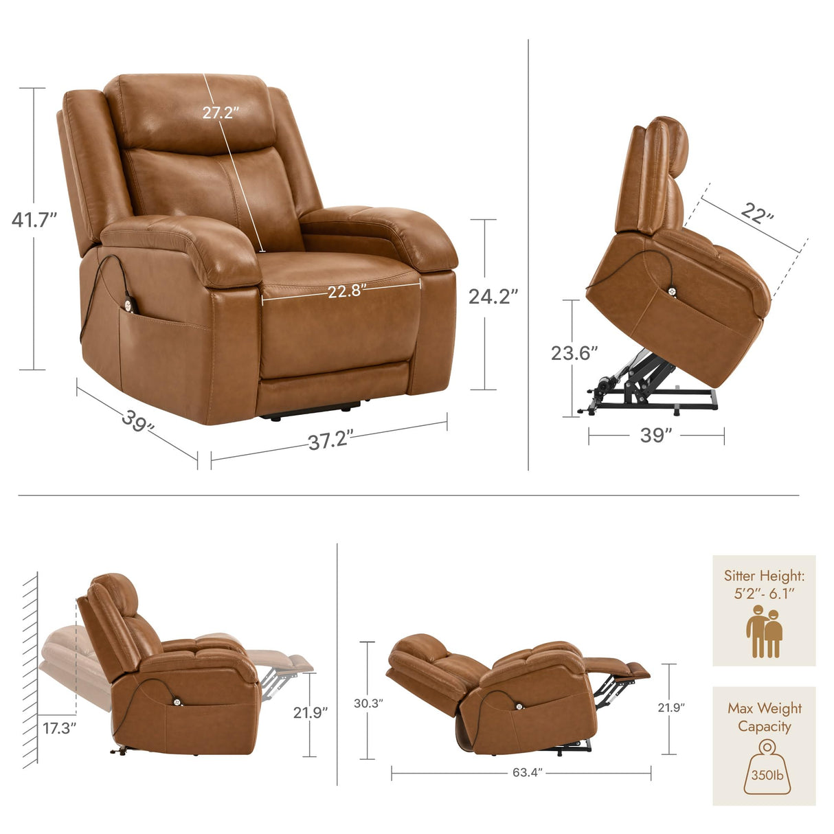 Watson & Whitely Genuine Leather Power Lift Recliner Chair for Elderly with Heat and Massage, Electric Lay Flat Lift Chairs with Power Headrest & Visual Remote Control, Dual Motor, Saddle Brown Watson & Whitely