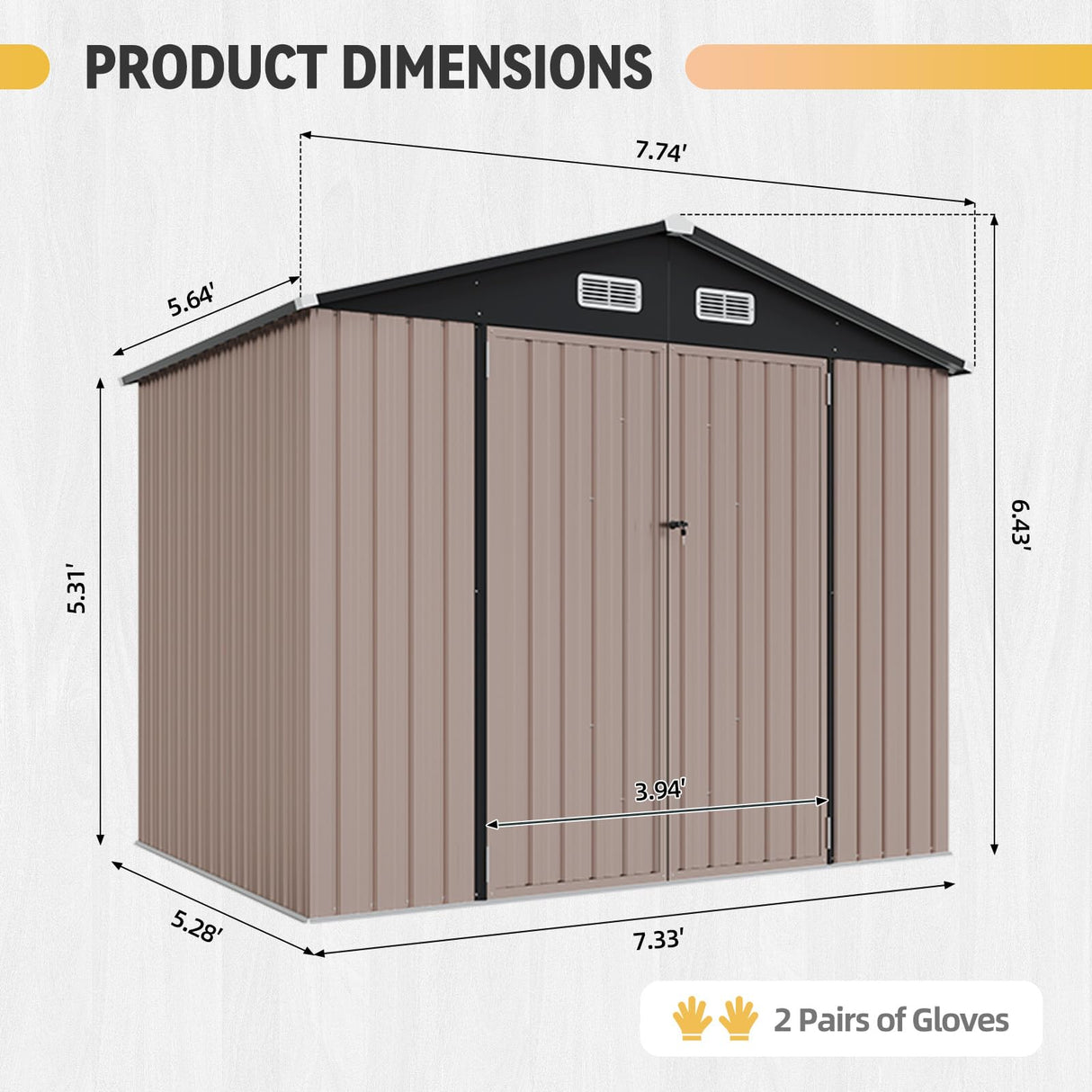 Aoxun 7.4x5.3FT Shed with Floor Galvanized Steel Outdoor Storage Shed Metal Garden Shed with Double Doors, 15mm Moisture-Proof Floor & Ventilation, Sloped Roof for Bike/Generator/Tool Storage (Brown) Aoxun