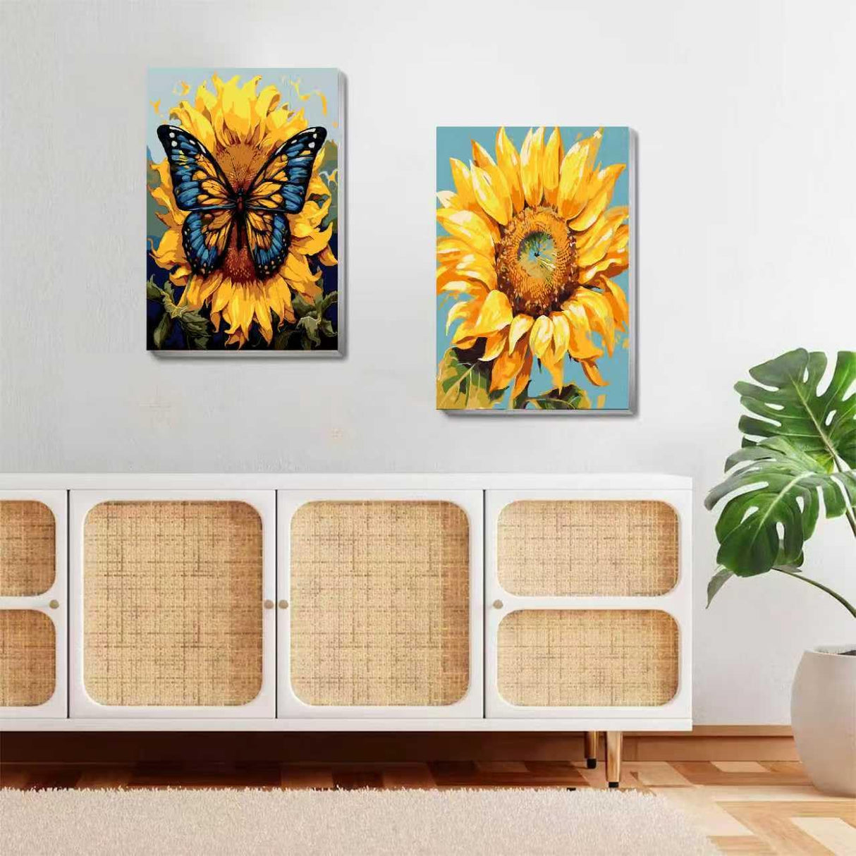 2 Pack Framed Paint by Numbers Kit for Adults - with Wooden Easel, Sunflowers Paint by Numbers Kit for Adults Framed, DIY Butterfly Paint by Numbers with Frame for Home Wall Decor 8x12 Inch askkqtx