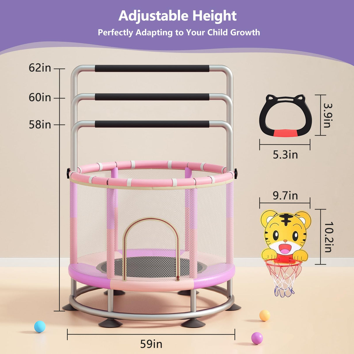 60" Trampoline for Kids, Anti-Rollover Round Bottom Baby Toddler Trampoline with Basketball Hoop, Indoor/Outdoor Kid Trampoline with Enclosure Net Redcoutt