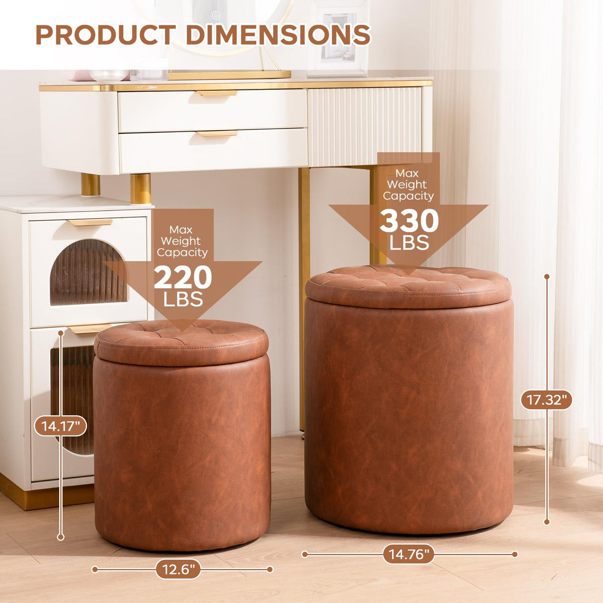 Round Ottoman with Storage Set of 2, Faux Leather Button Tufted Storage Ottoman, 14.76"L x 14.76"W x 17.32"H, Boucle Vanity Stool Footrest Coffee Table for Living Room, Bedroom, Support 300 lbs, Brown oakvivo