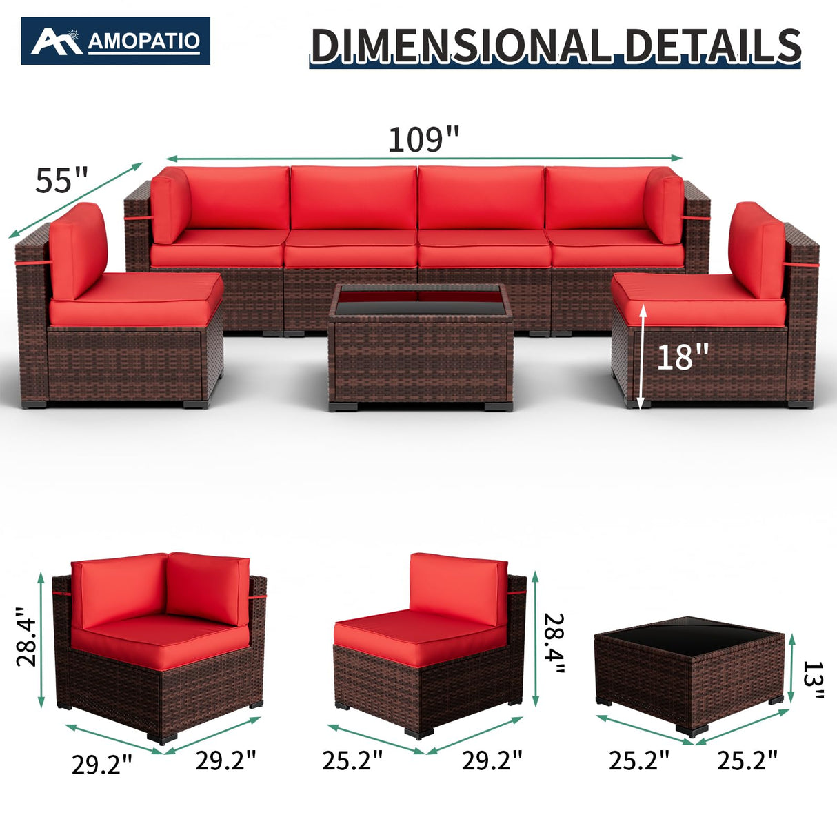 Amopatio Patio Furniture Set 7 Pieces Patio Conversation Set Outdoor Sectional Wicker Rattan Sofa with All-Weather Cover, Patio Furniture with Pillows Fits Porch Garden Backyard Balcony(Red) Amopatio