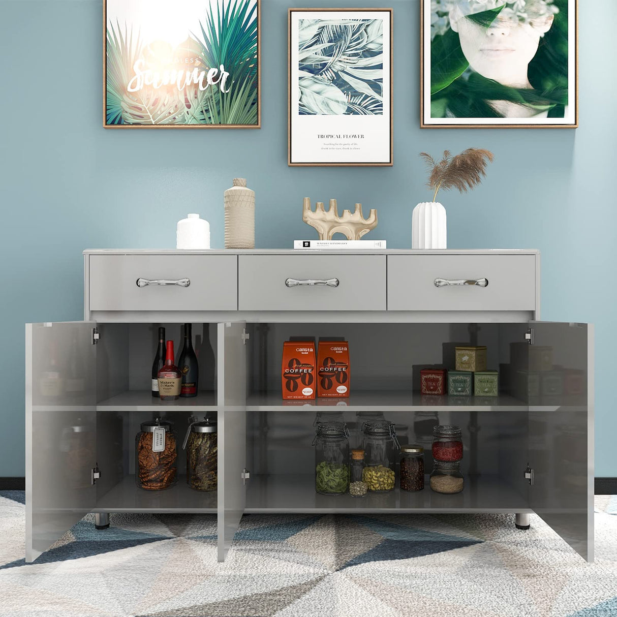 GLCHQ Storage Drawer File Cabinet Side Cabinet Entryway Console Side Tables with Three Drawers and Three Doors for Office or Kitchen Room (Three Doors, Grey) GLCHQ