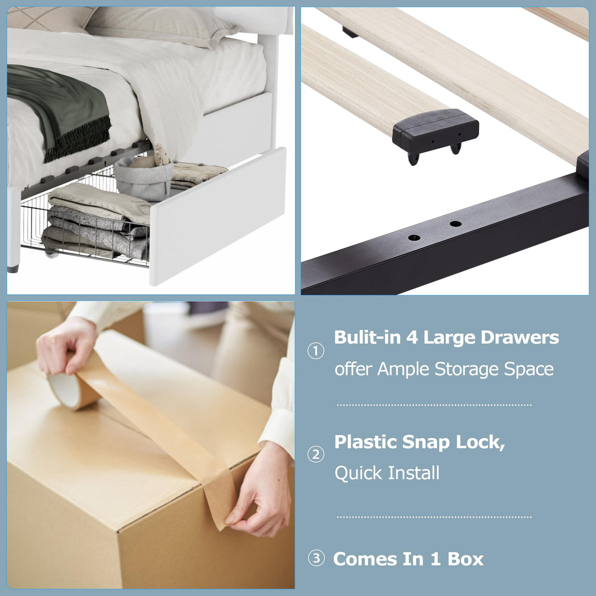 VECELO King Size Bed Frame with 4 Storage Drawers, Adjustable Height Headboard, Heavy-Duty Platform Bedframe with Strong Wooden Slats, No Box Spring Needed, Pure White VECELO