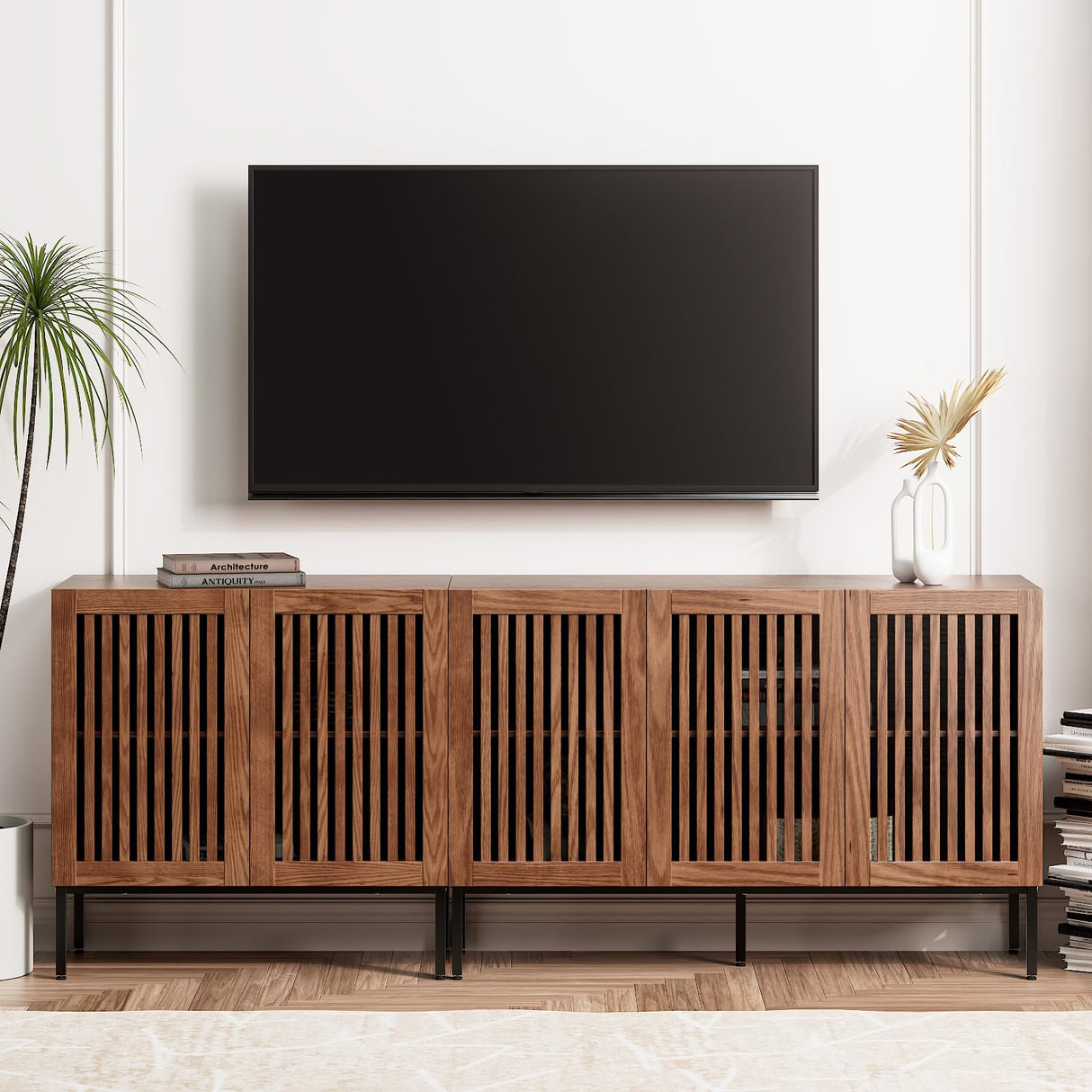 BVIUNTWO Farmhouse TV Stand for TVs up to 85 inch, 2 in 1 Entertainment Center TV Console with Metal Base & Storage Cabinets,Media Console for Living Room, Dark Brown BVIUNTWO