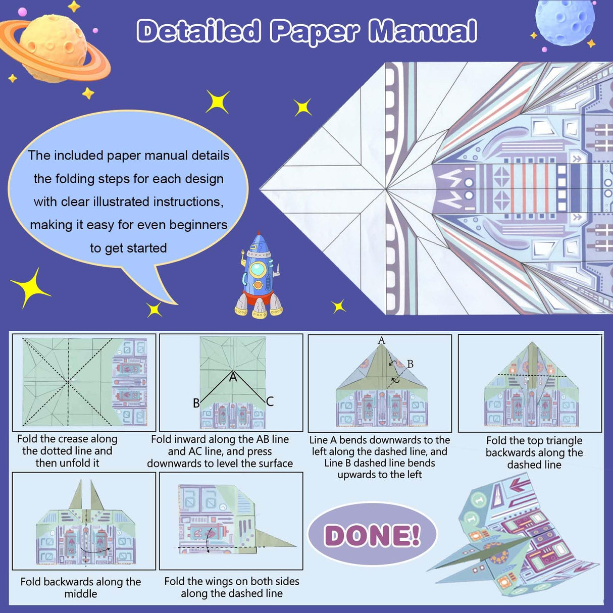 LEERYOUQU Kids Paper Airplane Kit, Creative Paper Airplane Book with 16 Classic Designs & 32 Planes Sheets, Origami Airplanes Kit for Kids Ages 8-12 +(New English Instructions) LEERYOUQU